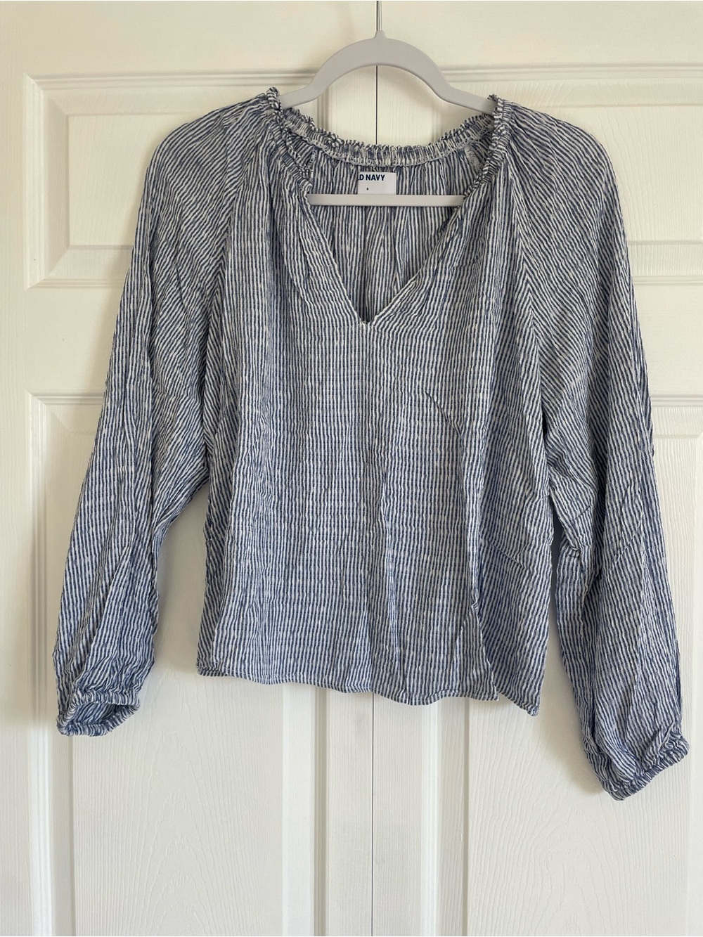 Old Navy Navy and White Striped V-Neck Peasant Top